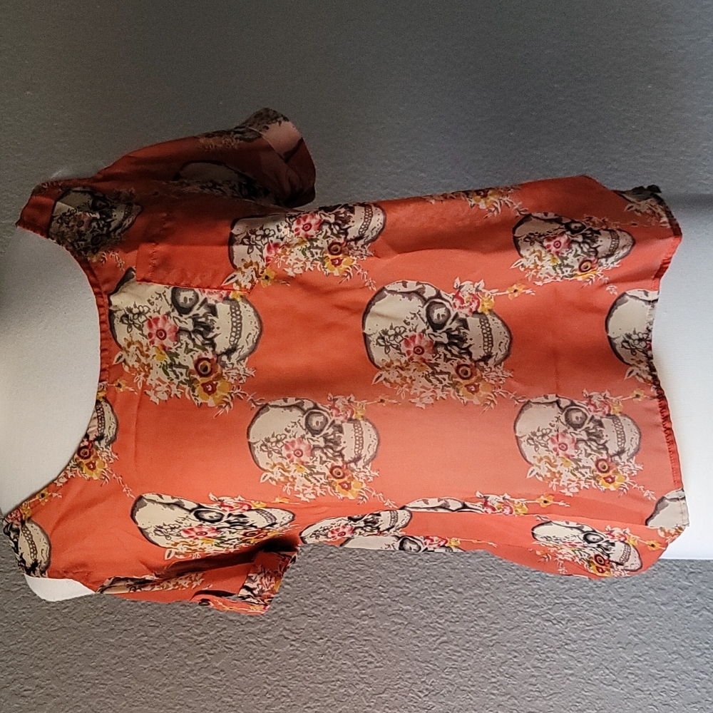 Orange/Coral Sheer Skull Cold Shoulder Top